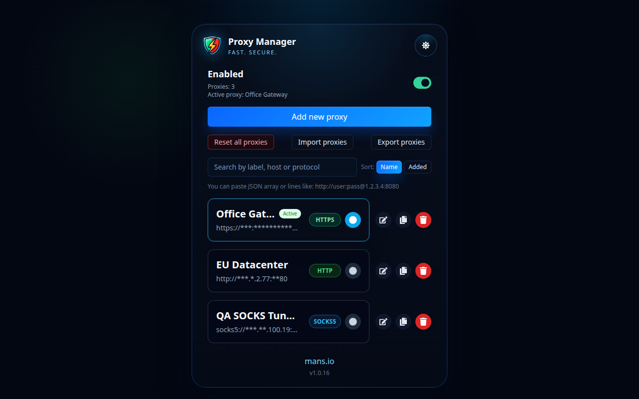 Lista de perfiles de Proxy Manager